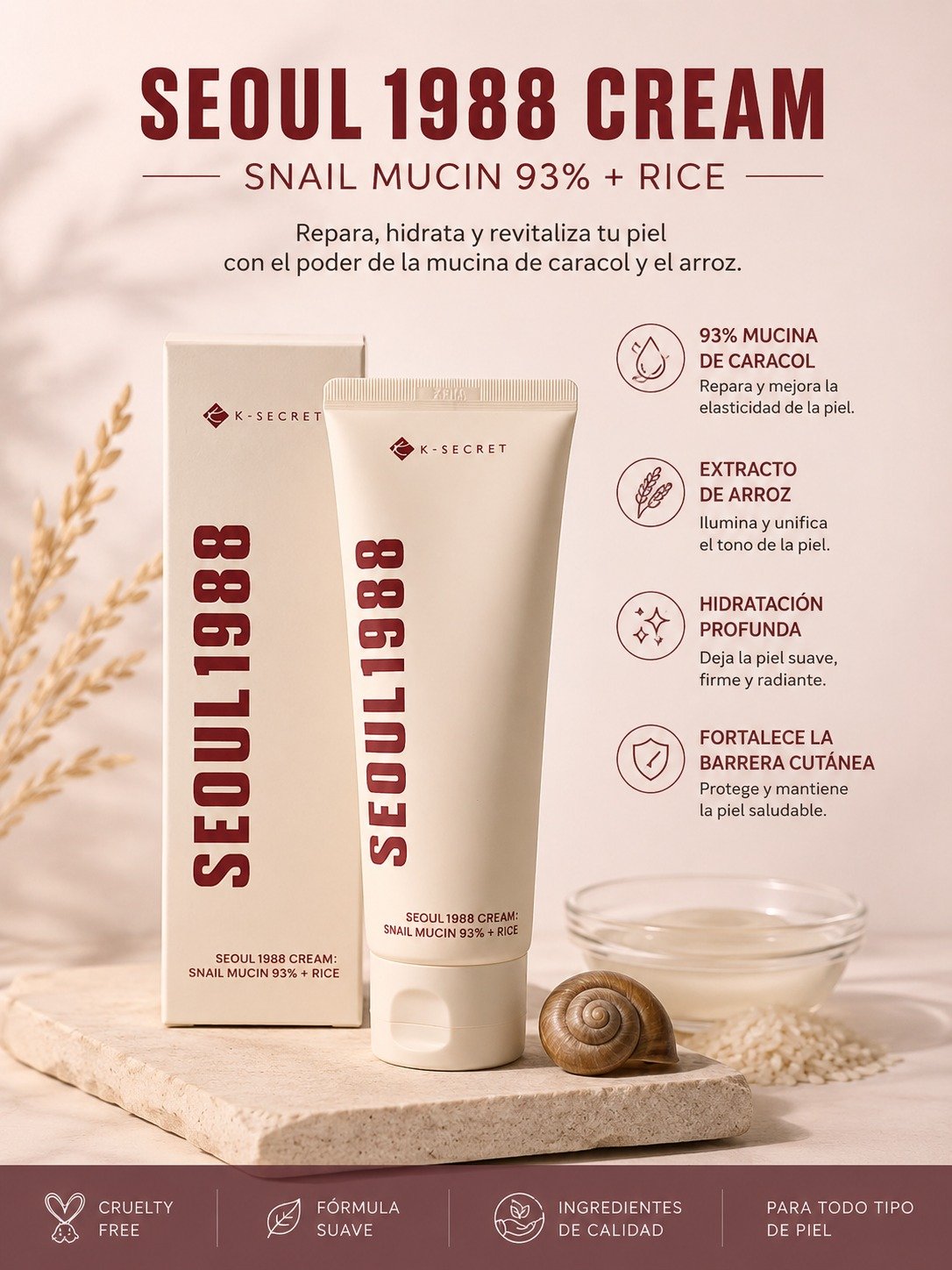 SEOUL 1988 CREAM: Mucina de caracol 93% + arroz K-SECRET - Imagen 2